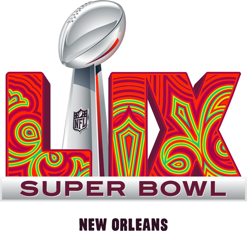 Super Bowl LIX trophy set behind a colorful and large 'LIX' 3-D text. Displayed underneath in black type is 'New Orleans,' the location of the Super Bowl game.